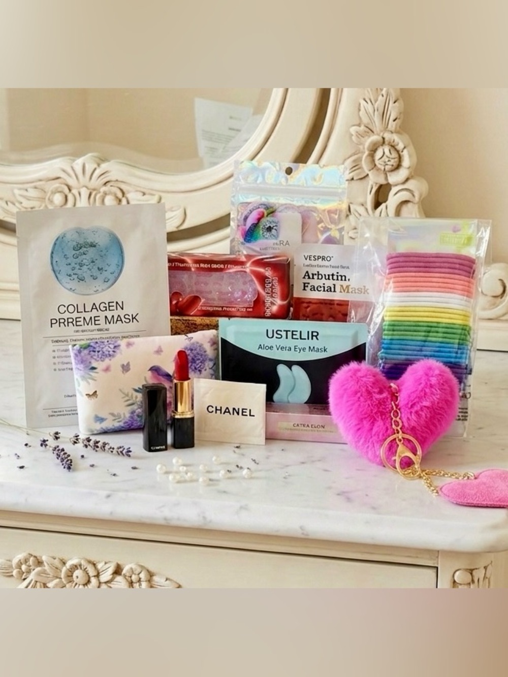 Skincare Set with Pink fuzzy Heart Keychain 10 piece